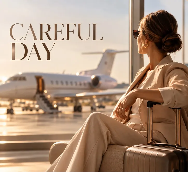 Mulher sentada diante de um jatinho particular, imagem do programa Careful Day